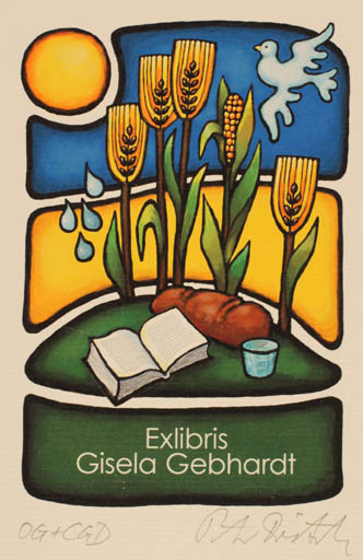 Exlibris by Peter Dietzsch from Germany for Gisela Gebhardt - Book Flora Food Sun 