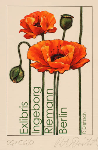 Exlibris by Peter Dietzsch from Germany for Ingeborg Riemann - Flower 
