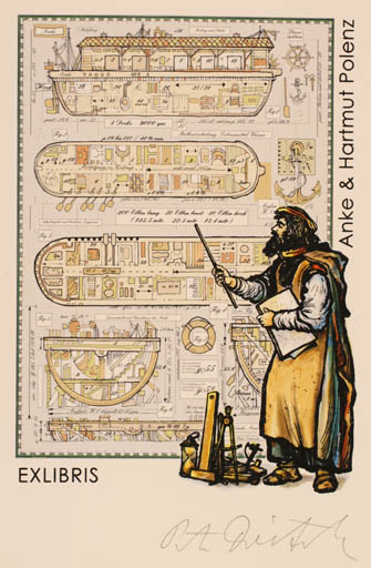 Exlibris by Peter Dietzsch from Germany for Anke & Hartmut Polenz - Man Ship/Boat Technology Science 