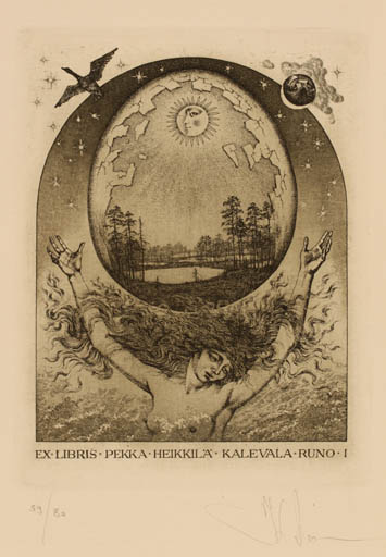 Exlibris by Konstantin Kalynovych from Ukraine for Pekka Heikkila - Bird Cosmos Woman Sun 