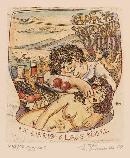 Exlibris by Jelena Kisseljowa from Russia for Klaus Rödel - Couple Romance Wine 
