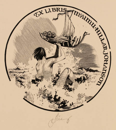 Exlibris by Lembit Löhmus from Estonia for Maimu Hillar Johanson - Man Maritime Ship/Boat Viking 