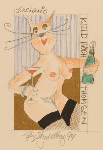 Exlibris by Erik Skjoldborg from Denmark for Kjeld Høgh Thomsen - Cat Woman Nude Wine 