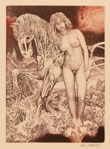 Exlibris by Josef Dudek from Czechoslovakia for A. Lam Nuyten - Horse Nude Surrealism 