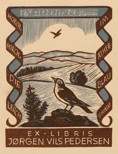Exlibris by Hans Michael Bungter from Germany for Jørgen Vils Pedersen - Bird Scenery/Landscape 
