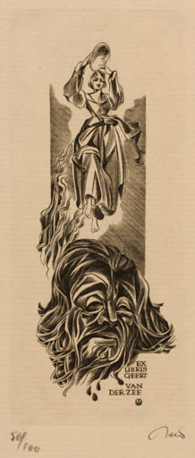 Exlibris by Wojciech Jakubowski from Poland for Geert van der Zee - Woman Man Portrait 